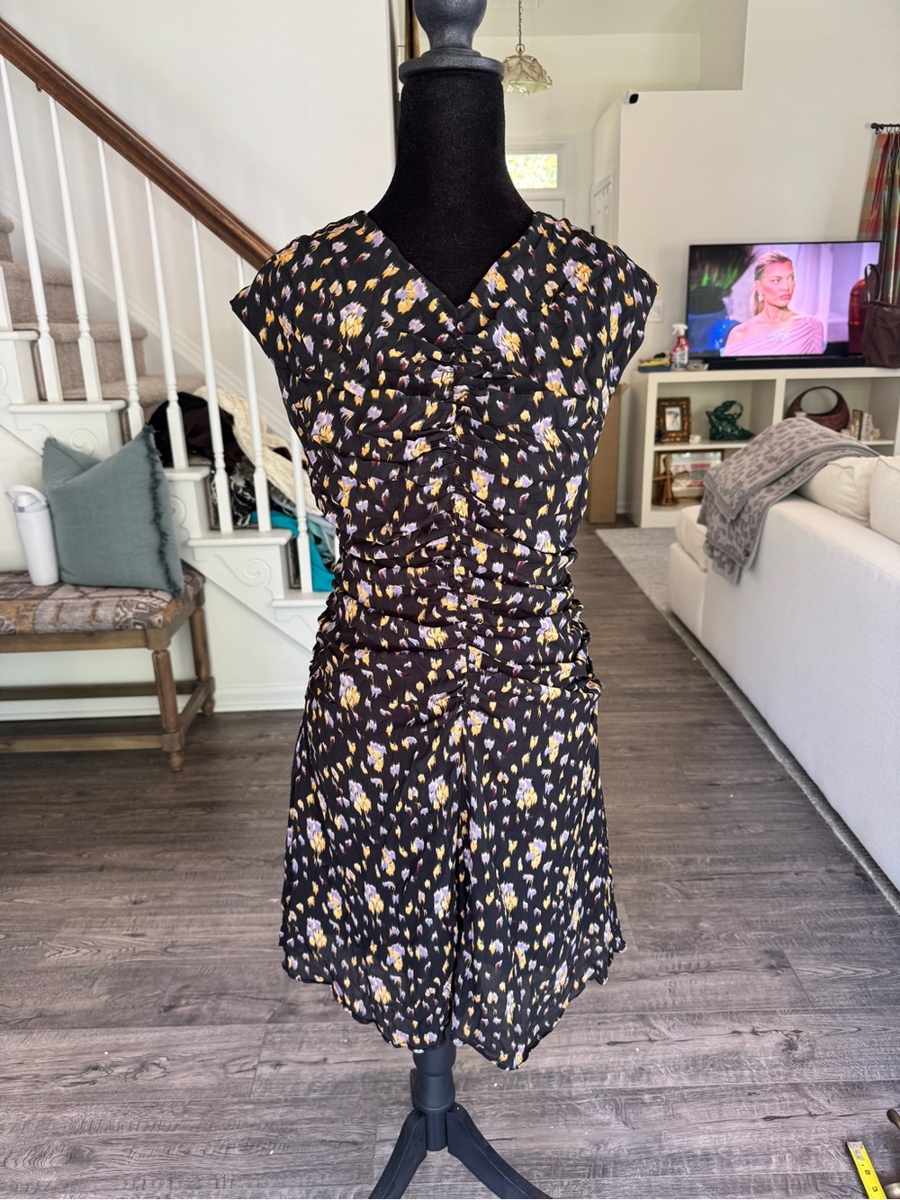 Banana Republic Black Floral Ruched Midi Dress with Yellow & Lavender Accents